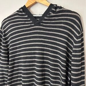 Vince Sweater Mens Large Black Gray Striped Hooded V Neck Linen Blend Pullover